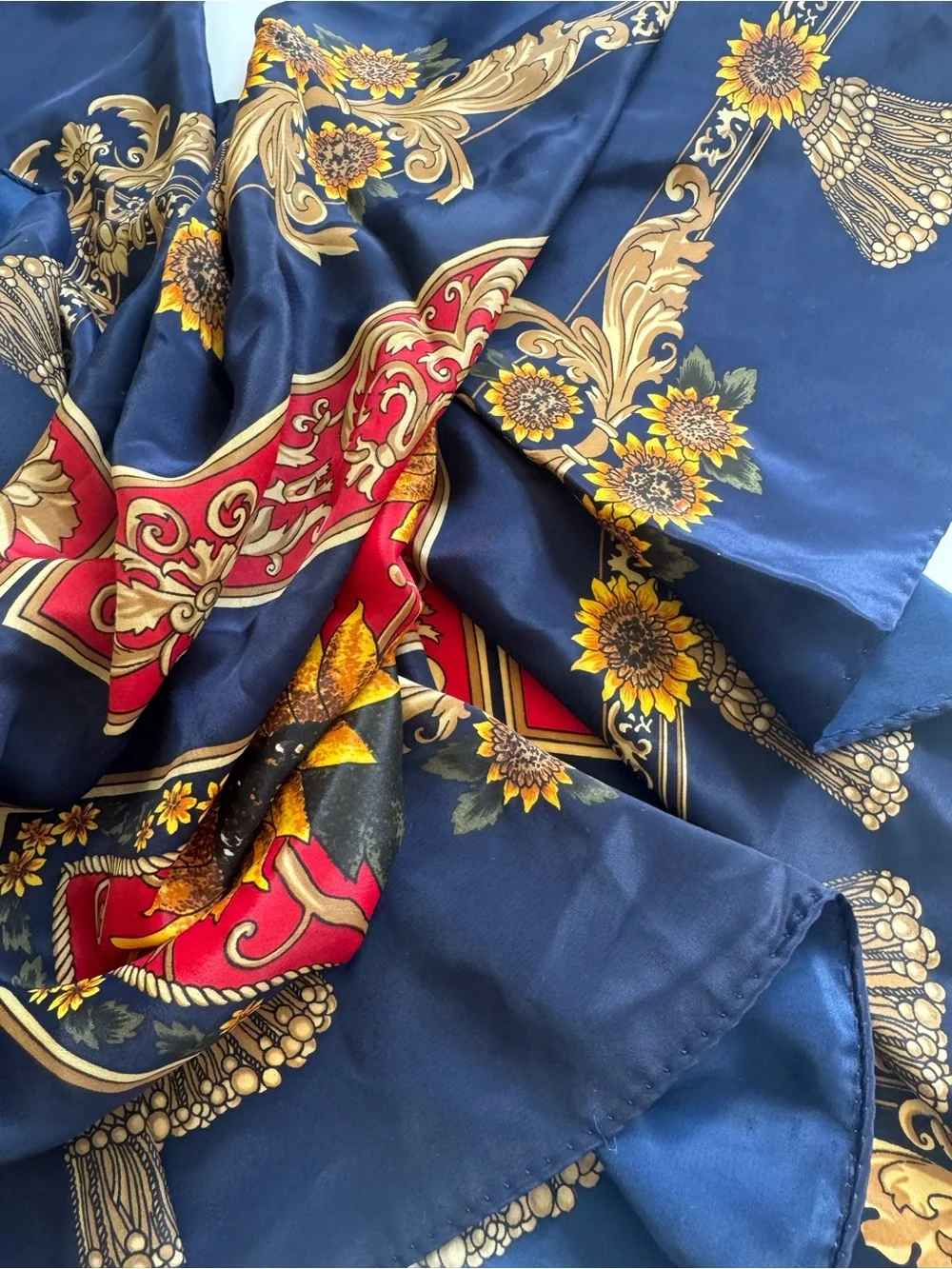 vintage Hermès silk blue,red & gold silk scarf, featuring vibrant 🌻 sunflowers.